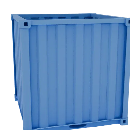 Modelo 3D de contentor de carga azul com nervuras verticais, pronto para impressão 3D.