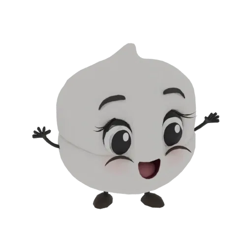 A 3D render of a cute, white dumpling character with big eyes, rosy cheeks, and a happy expression, waving its arms.