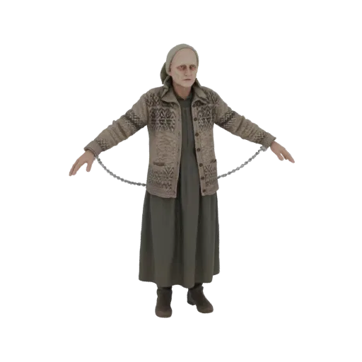 3D model of an old woman with pale skin, wearing a knitted cardigan and dress, with her arms outstretched and bound by chains