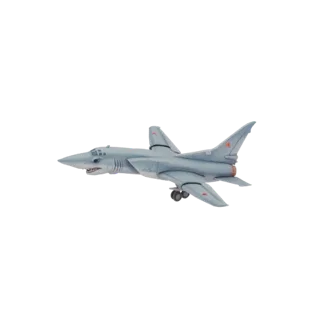 نموذج ثلاثي الأبعاد لطائرة قاذفة رمادية من طراز TU-22M3 بفم قرش مرسوم على الأنف، معروض من منظور جانبي.