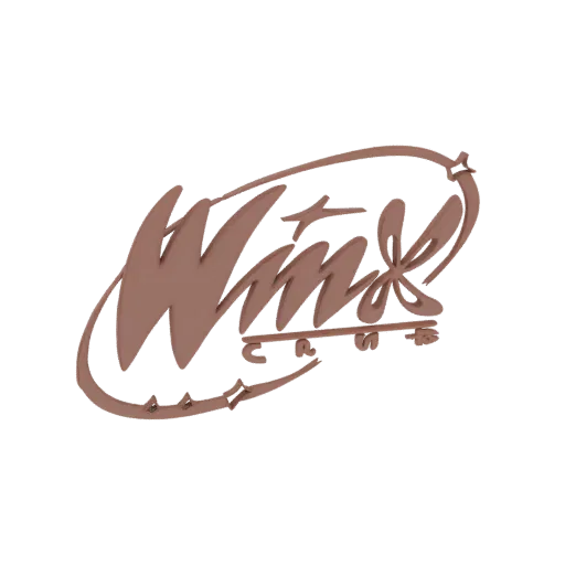 Un rendering 3D del logo delle Winx Club, con linee a spirale e il testo 'Winx' in un font stilizzato.