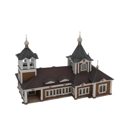 3D model of a traditional wooden church with dark onion domes, white trim, and a prominent belfry tower, set against a black