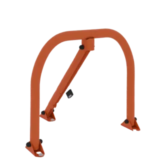 3D model of an orange collapsible parking barrier with a lock mechanism, shown in an upright position.