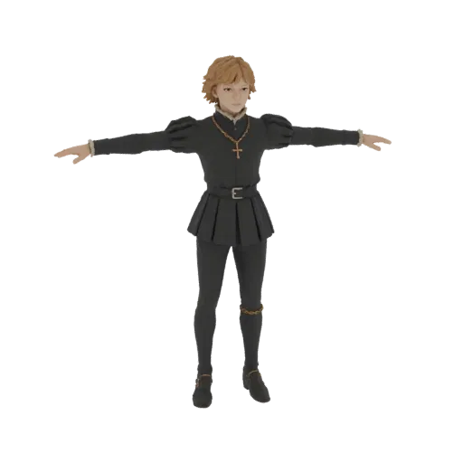 3D model of a young Renaissance nobleman in a dark, ornate outfit with a gold cross pendant, standing in a T-pose.
