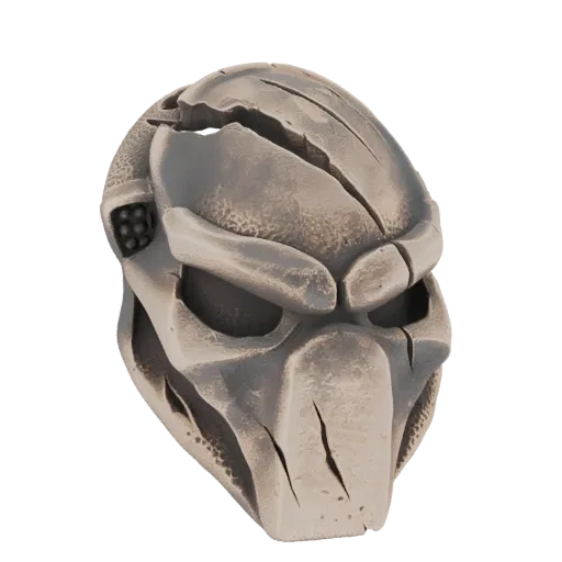 A detailed 3D model of the Predator mask, showcasing its metallic texture and intricate alien features.