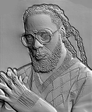 3D model of a bas-relief of a man in glasses and a diamond-patterned sweater, front view