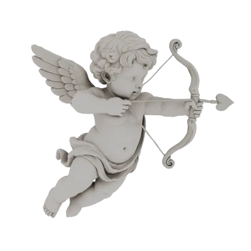 Modello 3D di Cupido, il dio romano dell'amore, un cherubino alato, che tende il suo arco con una freccia puntata in avanti,