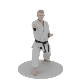 Modello 3D di un karateka maschile con gi bianco e cintura nera, in piedi in una posa dinamica di arti marziali su una base c