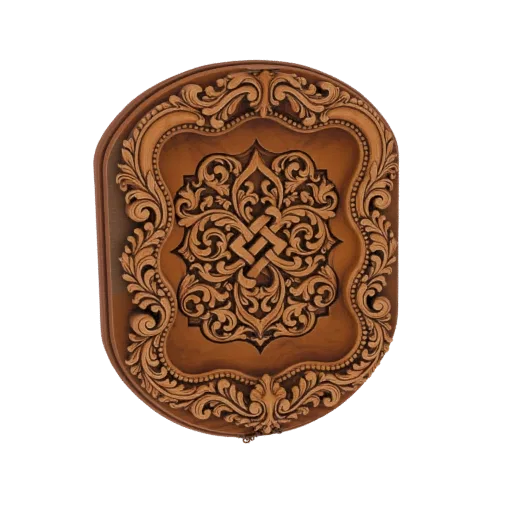 3D model of an ornate carved wood panel with a central floral motif and decorative border, presented against a black backgrou