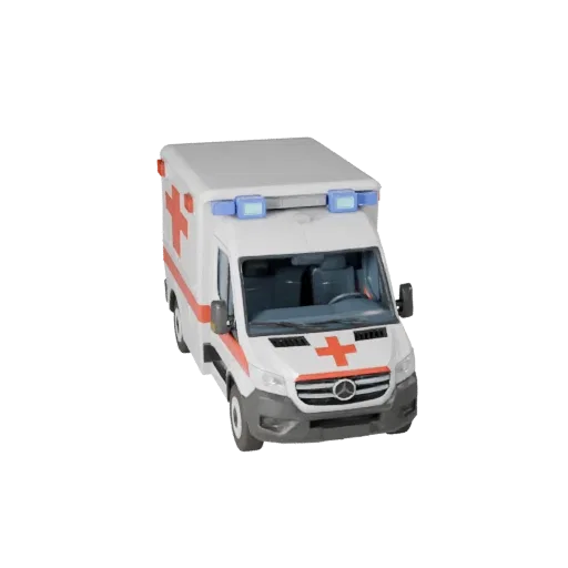 Modèle 3D d'ambulance Low Poly, vue de jeu en trois quarts, actif de véhicule low poly avec lignes de carrosserie, vitrage, p