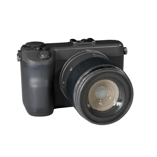 Mirrorless Camera Product Viz 3D model, three-quarter studio product render, showing textured grips, lens barrels.