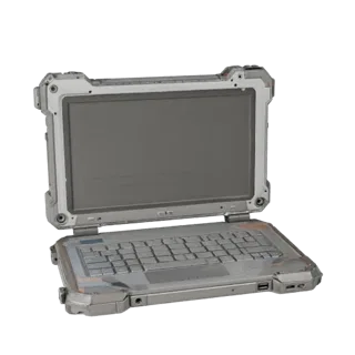 Modello 3D stilizzato di Computer Tablet Robusto, rendering isometrico stilizzato, che mostra metallo spazzolato, angolo del