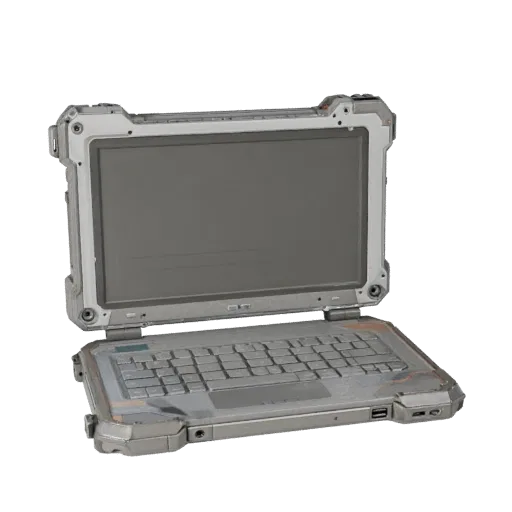Rugged Tablet Computer Stylized 3D model, stylized isometric render, showing brushed metal, open lid angle.