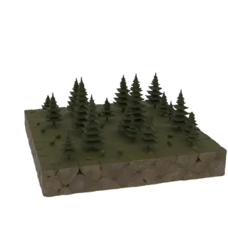 Uma renderização 3D de um diorama de floresta estilizada com vários pinheiros sobre uma base de terreno rochosa, visto de um