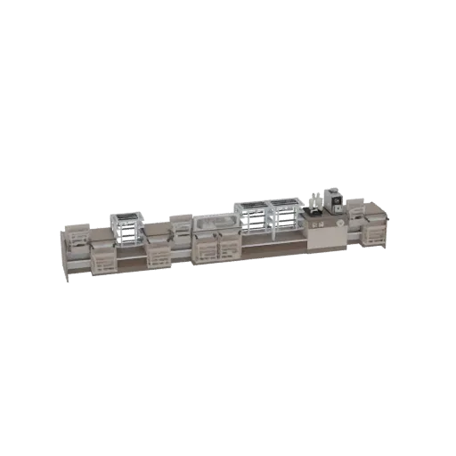 3D model of a long, modular commercial kitchen counter with sinks, shelves, and appliances, presented on a white background.