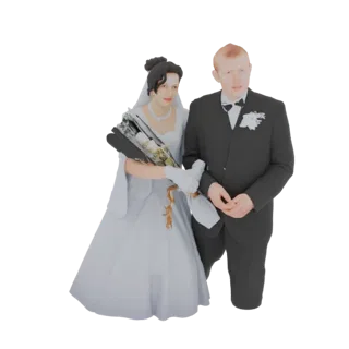 3D-Modell eines Hochzeitspaares, Braut im weißen Kleid und Bräutigam im Smoking, mit Blumenstrauß.