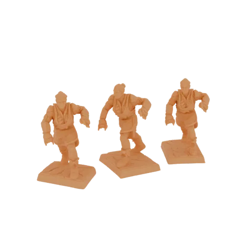 3D render of three unpainted, light-orange plastic miniatures of warriors in running poses on square bases.