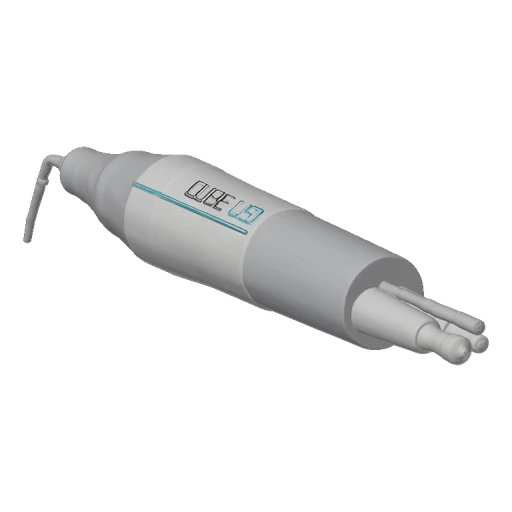 3D model of a CUBE US medical device with a white body, blue logo, and three probes at one end.