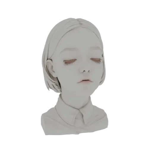 Rendering modello 3D di un busto di giovane ragazza serena con occhi chiusi e capelli corti, raffigurato con finitura liscia