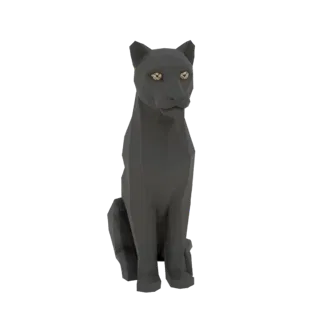 A low-poly 3D model of a black panther sitting, with sharp geometric facets and glowing yellow eyes, against a white backgrou