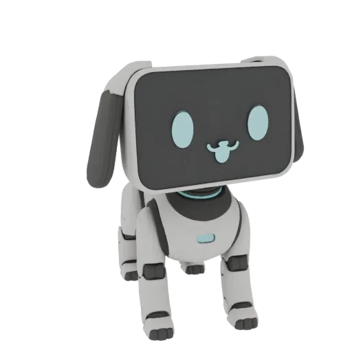 3D model of a cute white and gray robot dog with a black screen face displaying blue eyes and a smile.