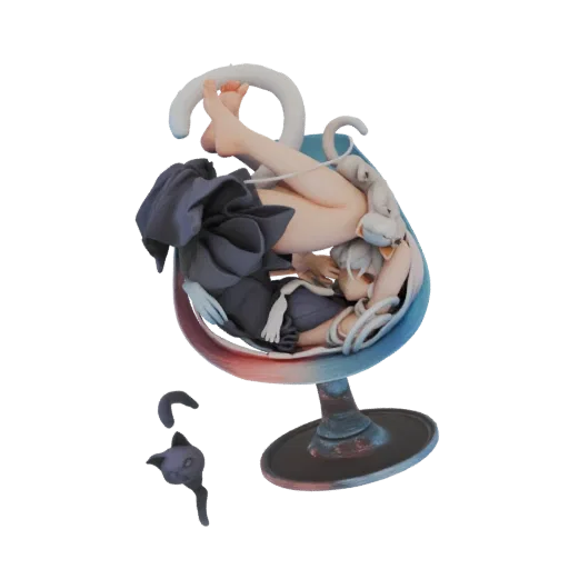 3D model of a cute cat sleeping curled up in a stylized, colorful armchair.