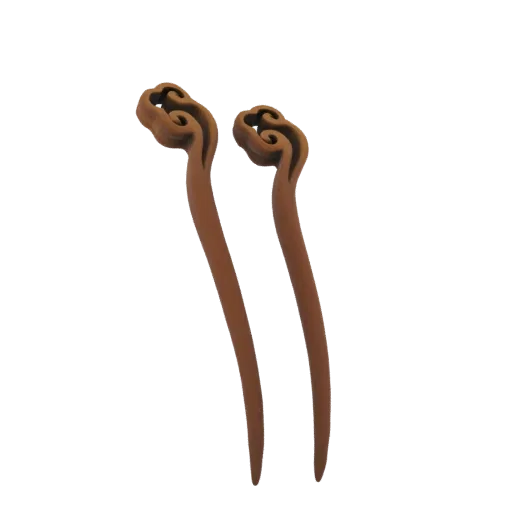 A 3D render of two brown hairpins with intricately carved cloud-shaped tops, presented against a white background.