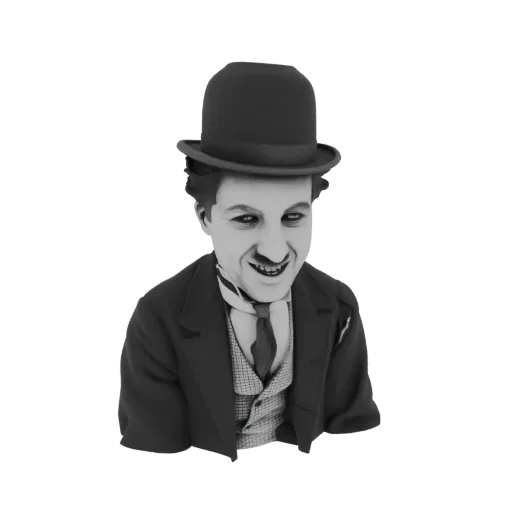 3D model of Charlie Chaplin wearing his iconic bowler hat and suit, with a distinctive expressive smile.