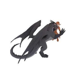 3D model of a dark gray dragon with large wings carrying a small orange fox in its claws against a white background.