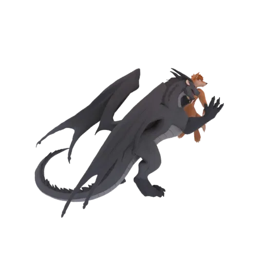 3D Modell eines dunkelgrauen Drachen mit großen Flügeln, der einen kleinen orangefarbenen Fuchs in seinen Klauen hält, vor we