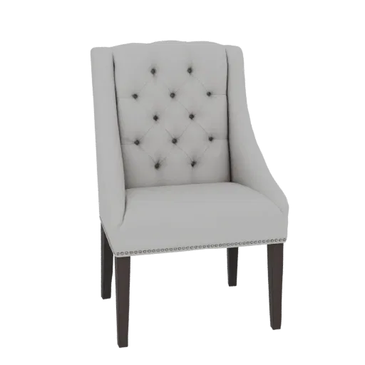 3D model of a light-colored tufted wingback accent chair with dark wooden legs and nailhead trim