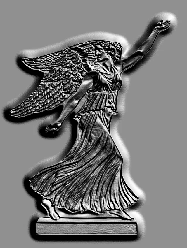 Modèle 3D de bas-relief de la déesse ailée de la victoire, style gravure, avec main levée et ailes déployées.