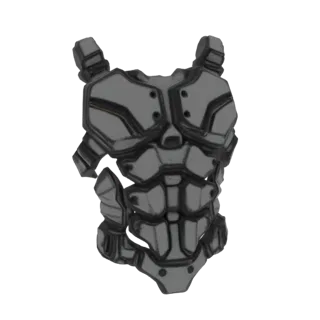 Modello 3D di un'armatura tattica sci-fi per torace grigio scuro, segmentata, con un design militare futuristico e robusto.