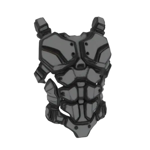 3D model of a dark grey, segmented sci-fi tactical chest armor with a rugged, futuristic military design.