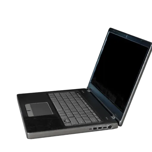 Ultrabook Laptop Realistic 3D model, three-quarter studio render, showing brushed metal, open lid angle.