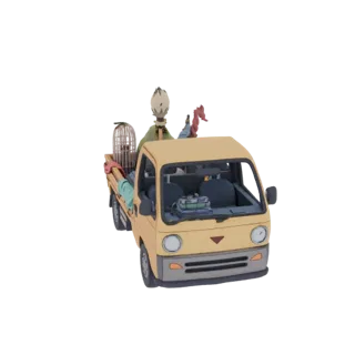 3D-Modell eines gelben Kei-Trucks mit Vogelkäfig, Vogelscheuche und Ladung auf der Ladefläche, vor schwarzem Hintergrund.