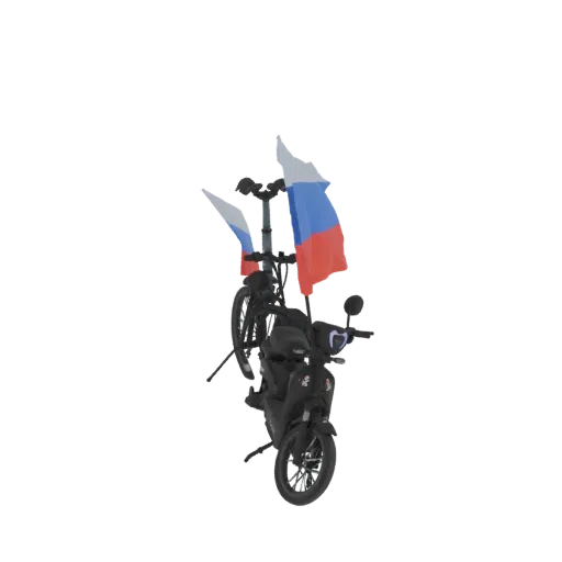 3D model of a black electric scooter with two Russian flags attached to the handlebars, shown on a white background.