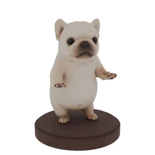 3D model render of a cream-colored French Bulldog figurine standing on a brown base.