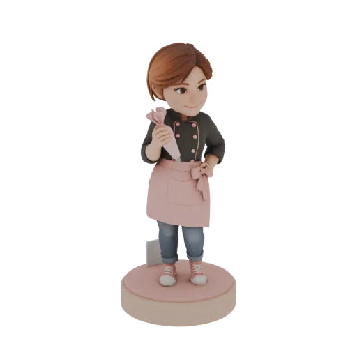 3D model of a cartoon-style baker character wearing a chef jacket and pink apron, holding a piping bag.