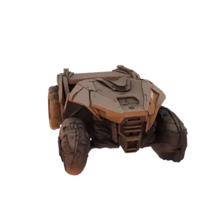 Vue de face d'un modèle 3D détaillé d'un véhicule blindé de reconnaissance futuriste et angulaire avec de grandes roues robus