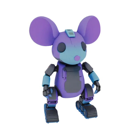3D model of a cyber mouse with a purple body, blue accents, and tank tracks instead of legs.