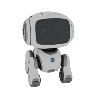 A 3D render of a cute, white and grey AI robot with a large screen for a face and blue glowing accents.
