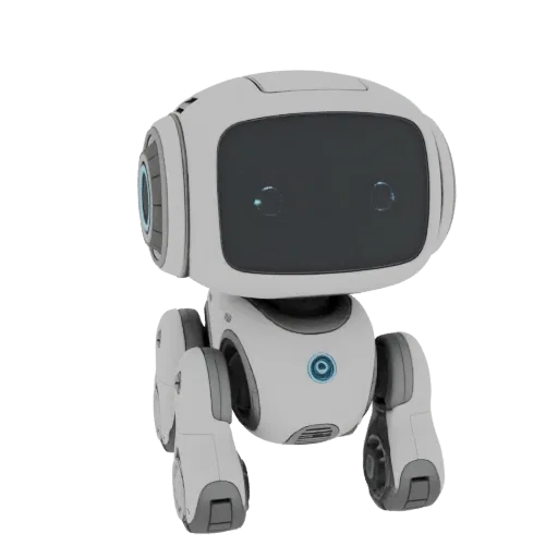A 3D render of a cute, white and grey AI robot with a large screen for a face and blue glowing accents.
