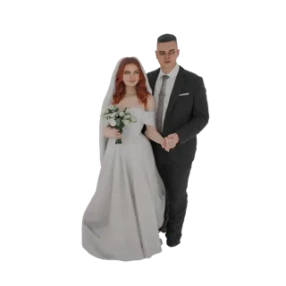 3D model of a wedding couple, bride in white gown holding flowers, groom in black suit, standing together