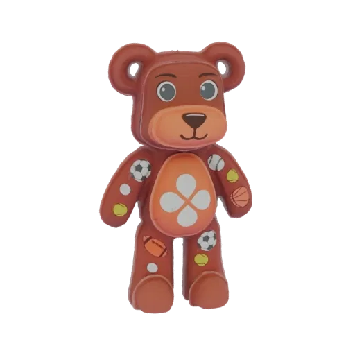 3D model render of a brown teddy bear toy decorated with various sports balls and a clover emblem on its chest.