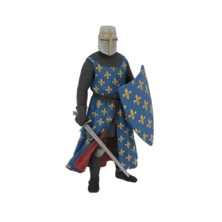 Modello 3D di un cavaliere medievale con sopravveste blu con gigli, cotta di maglia, elmo, che tiene una spada e uno scudo.