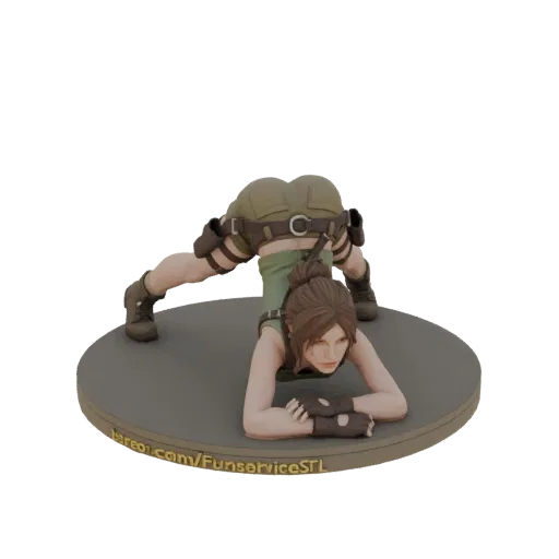 3D model of Lara Croft in a challenging acrobatic pose on a circular base, detailed outfit and determined expression.