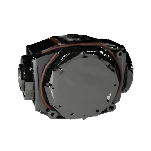 Cast Metal Gearbox Housing Low Poly 3D model, game viewport three-quarter view, showing machined metal, form detail.