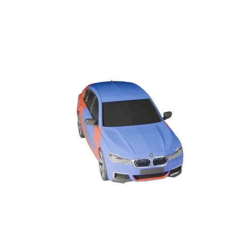 Modèle 3D de berline de luxe dessin animé, vue studio trois-quarts, atout de véhicule stylisé avec lignes de carrosserie, vit