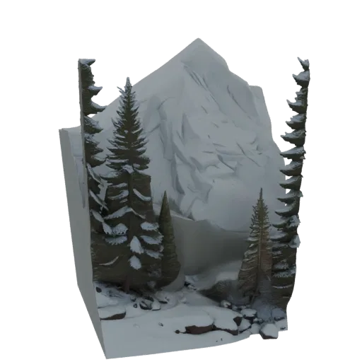 3D model of a snowy mountain diorama with pine trees, featuring a large snow-covered mountain, two evergreen trees, and a roc